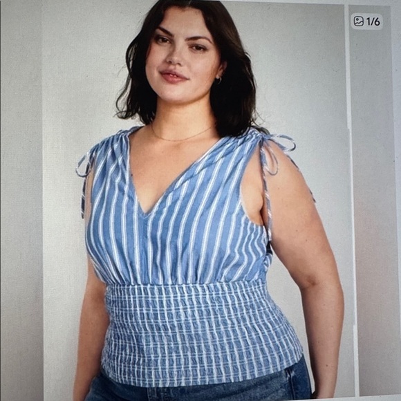 NWT Sleeveless Smocked Blouse Womens XL Striped Cotton gathered shoulder Beach - Picture 2 of 10